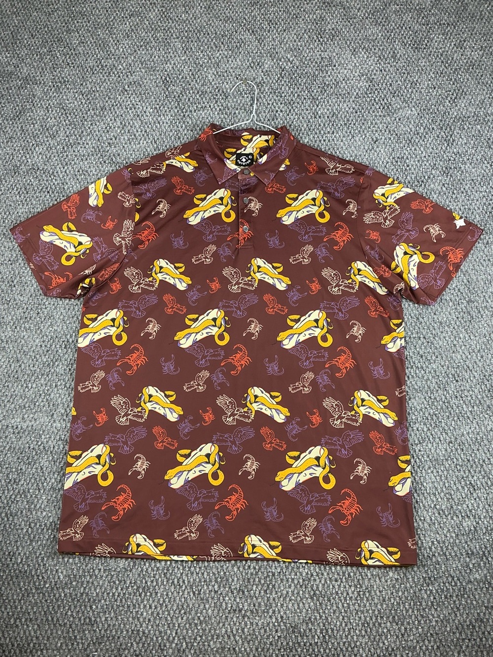 Raised By Coyotes Mens XL Snake Print Performance Polo Shirt Maroon Golf